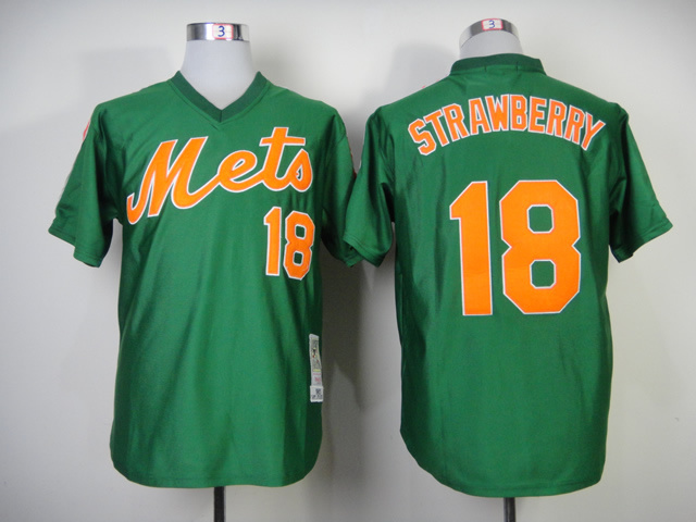 Men New York Mets 18 Strawberry Green Throwback 1985 MLB Jerseys